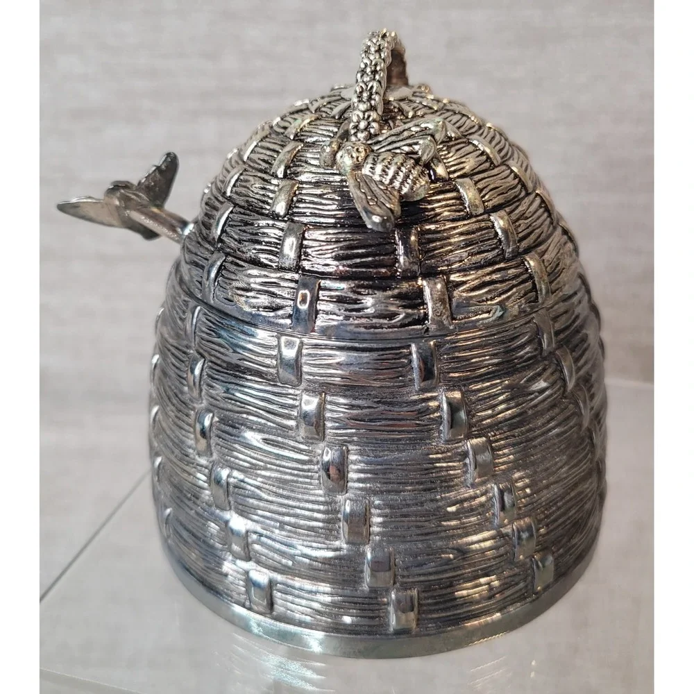 Godinger Art Beehive Honey Pot w/ Lid & Bee Honey Dipper Silver Plate Complete